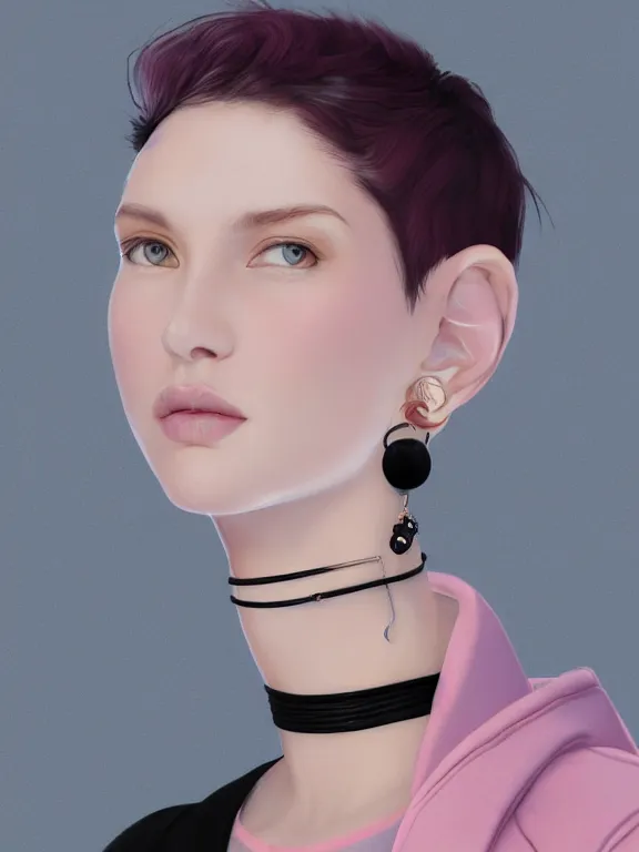 Prompt: beautiful russian girl with short pink hair and nose piercing, airpods, thin black choker, thin round earrings, winds of winter, au naturel, hyper detailed, digital art, trending in artstation, cinematic lighting, studio quality, smooth render, octane rendered, concept art, sharp focus, illustration, art by artgerm and greg rutkowski and wlop