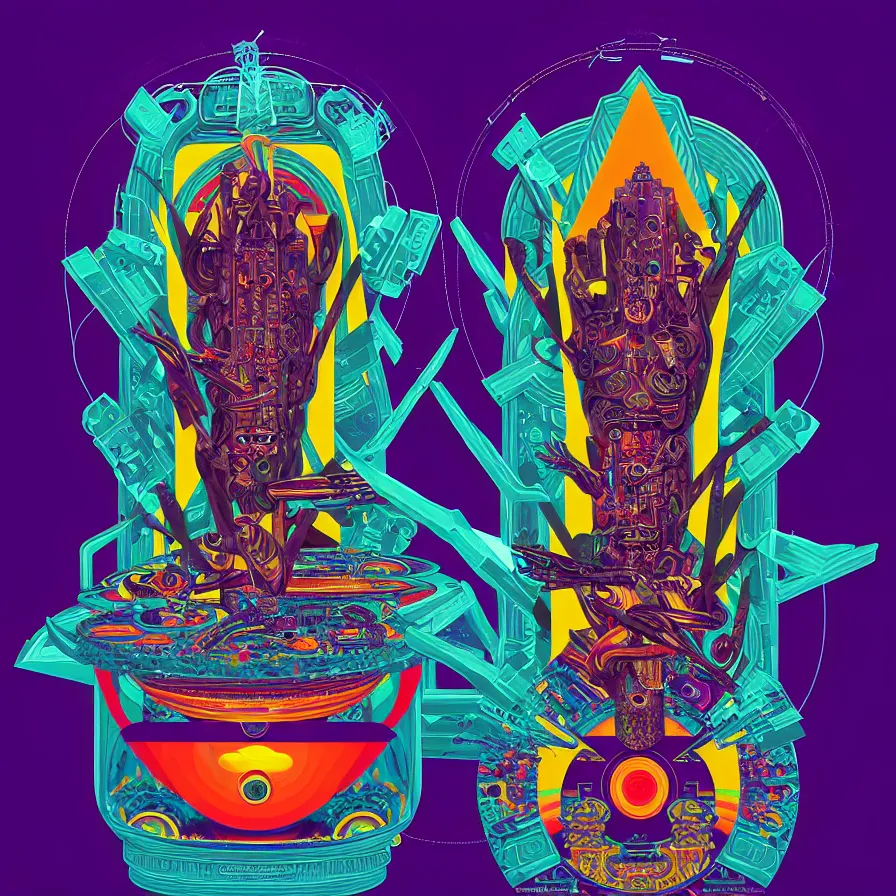 Prompt: album cover design design depicting the alter to the alien machine gods, by jonathan zawada, pi - slices, and tristan eaton, digital art