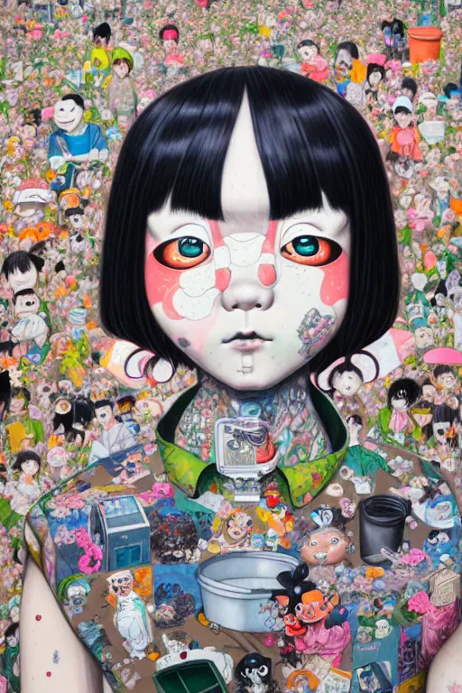 Image similar to full view, from a distance, of anthropomorphic trashcan from japan, style of yoshii chie and hikari shimoda and martine johanna, highly detailed