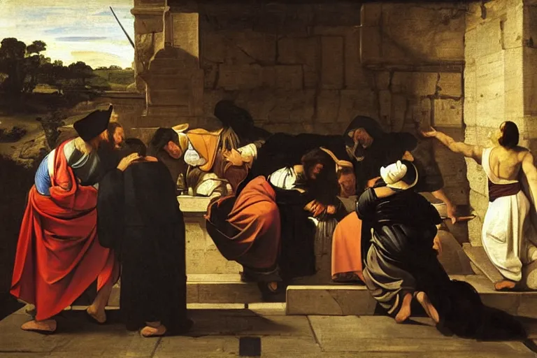 Image similar to 3 women at the tomb of jesus, caravaggio, rubens, pieter de hooch, ary scheffer