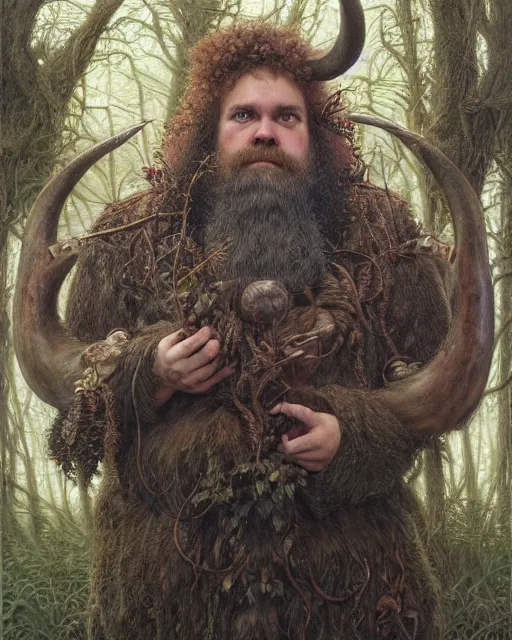 Prompt: patrick rothfuss as a forest druid with ram horns and leaves in his beard | highly detailed | very intricate | symmetrical | cinematic lighting | award - winning | closeup portrait | painted by donato giancola and mandy jurgens and brian froud | featured on artstation