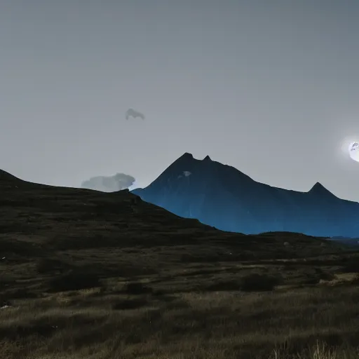 Image similar to a black dot in the sky stretching out a mountain, dark lighting, landscape