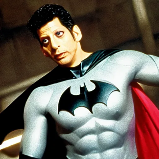 Prompt: jeff goldblum as batman, movie still, 1 9 8 9