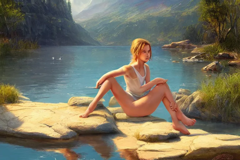 Image similar to an epic cinematic masterpiece of hyperrealism in which a girl sits on a rock by a lake with her feet in the water, a realistic poster with shaded lighting from craig mallismo, artgerm, jeremy lipkin and michael garmash, unreal engine, radiant light, detailed and complex environment, digital art, art station trends