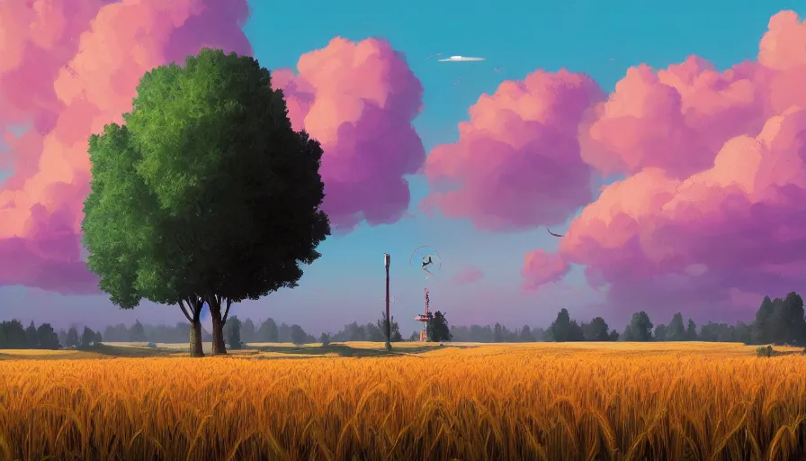 Prompt: colourful sky, wheat field, radio antenna, big trees, matte painting, art station, digital art, simon stalenhag