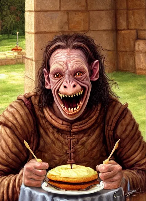 Image similar to portrait of a medieval goblin eating cakes in the cloisters, beautiful face, hyper realistic, highly detailed digital painting by earl norem, artstation illustration co