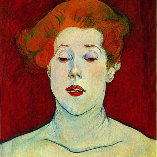 Prompt: portrait of a woman, oilpaint, red hair, left eye closed, right eye open, henry de toulouse lautrec