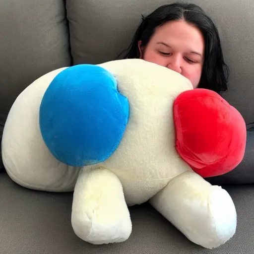 Image similar to Overstuffed plushy, fat stuffed animal bursting at the seams with cotton stuffing, round body, gigantic, worn out