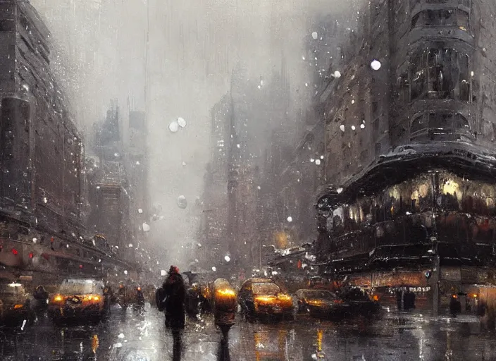 Prompt: a cityscape in winter painting by jeremy mann, street - level, dripping oil paint, thick brushstrokes, high resolution