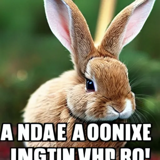 Prompt: a meme image of a rabbit with the text oh no i'm a rabbit