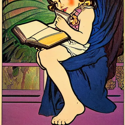 Prompt: a little girl with a mischievous face and short light brown curly wavy hair and blue eyes. she is reading a book. well composed, clean elegant painting, beautiful detailed face. by steve ditko and jack kirby and alphonse mucha