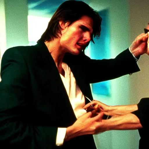 Image similar to Tom Cruise removing his eyeball in Eyes Wide Shut (1999)