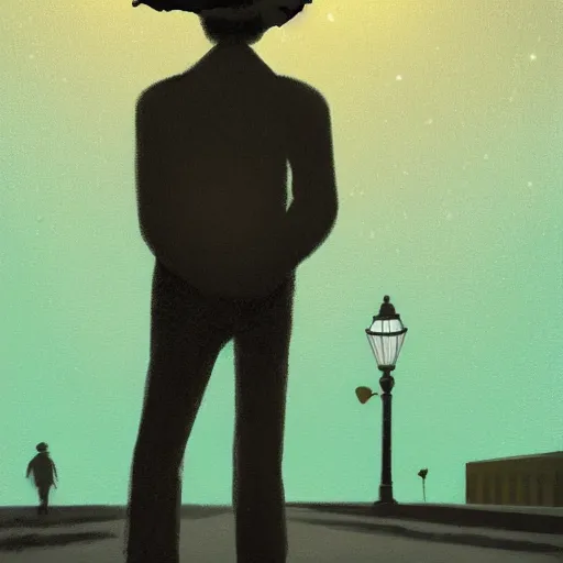 Prompt: a detailed portrait of a lonely man with a skull as his head standing in the street at night, green dramatic and cinematic light from the streetlight, the background is the sky full of stars, in the style of edward hopper, 4 k,