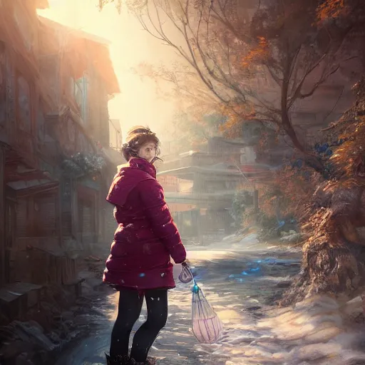 Image similar to the portrait a beautiful grocery young asia woman in down jacket, with a goosethe background is dust earth road ， river winter an snow, illustration by wenjun lin, irakli nadar, bright colors, octopath traveler, wenjun lin, unreal engine 5 highly rendered, global illumination, radiant light, detailed and intricate environment