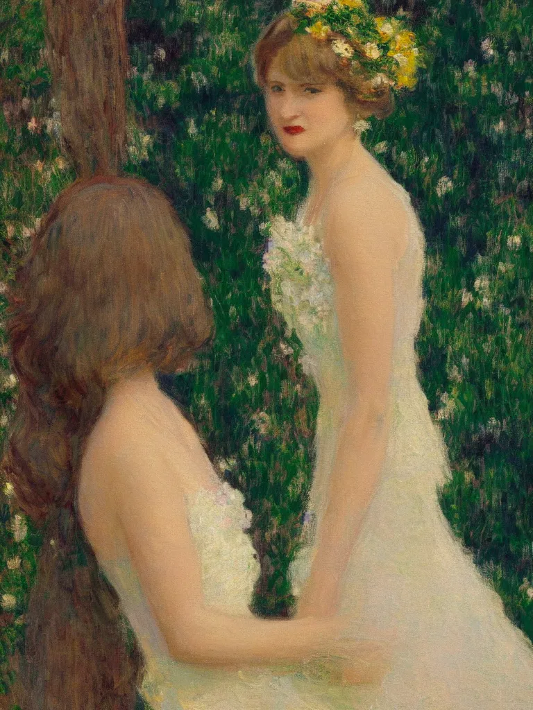 Image similar to portrait of < zelda fitzgerald > as a beautiful young lady, blurry face, fair, slim, fair, severe out of focus, depth of field, pleinairism, in the sun, backlit, closeup, oil on canvas, atr by monet, in the style of le promenade, smooth, impressionnisme, 8 k