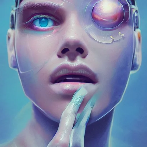 Image similar to 3 d, sci - fi, close - up, morning, smiling fashion model face, sun, cinematic, clouds, sun rays, vogue cover style, poster art, blue mood, realistic painting, intricate oil painting, high detail illustration, figurative art, multiple exposure, poster art, 3 d, by tooth wu and wlop and beeple and greg rutkowski