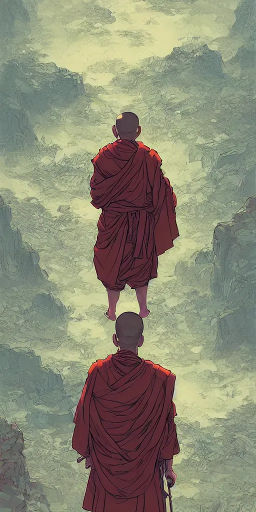 Image similar to portrait of the back of a monk, standing, Borderlands and by Feng Zhu and Loish and Laurie Greasley, Victo Ngai, Andreas Rocha, John Harris