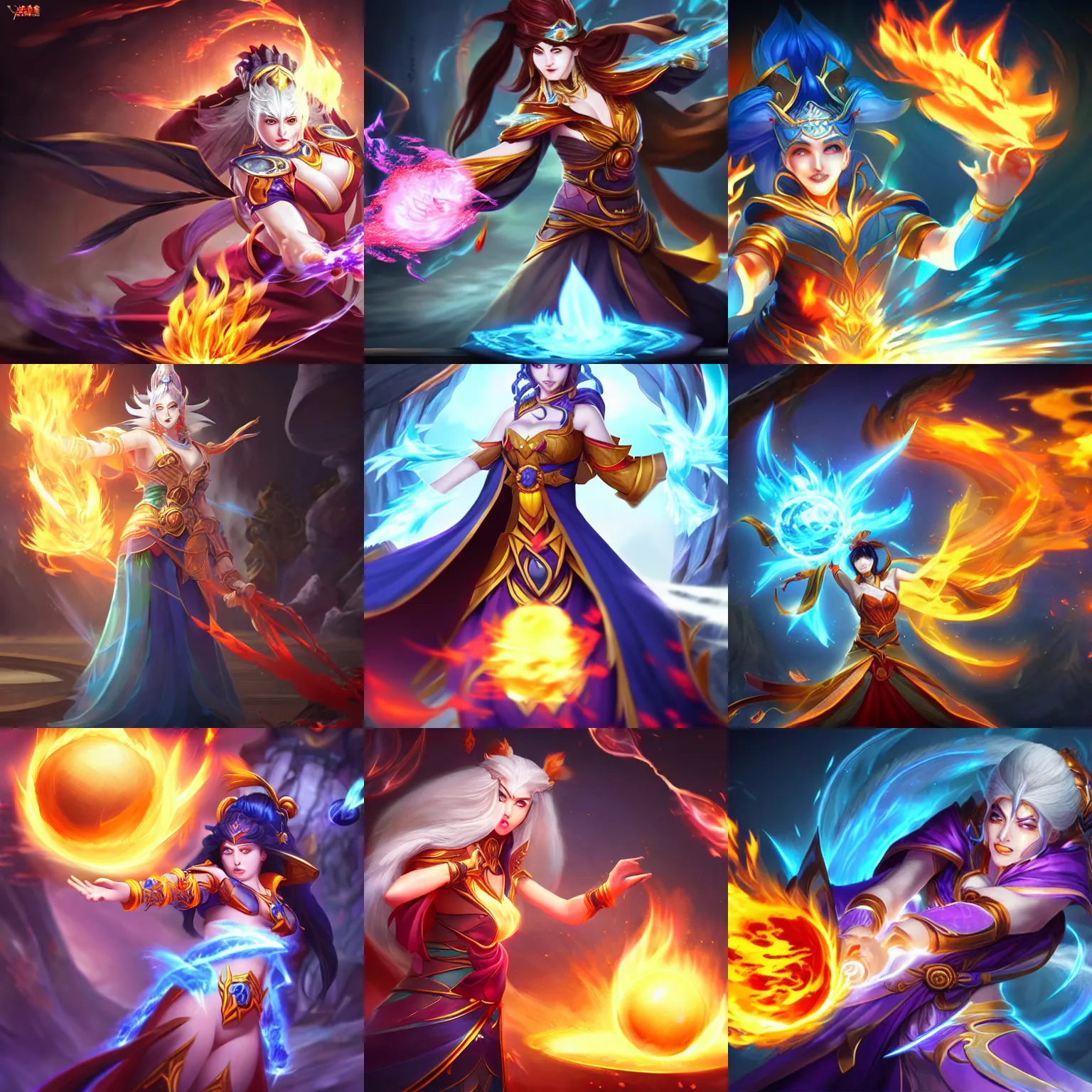 Prompt: a sorceress casting a fire ball, Wang Yue official splash art