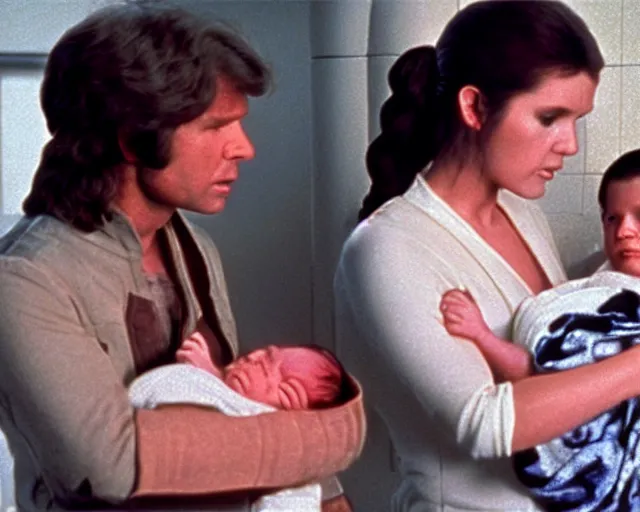 Prompt: screenshot of Han Solo standing next to Princess Leia Organa holding a new born baby in a swaddle, alone, pensive, iconic scene from 1980s Star Wars film directed by Ridley Scott, in a sci fi nursing home architecture, last jedi, 4k HD sharp, cinematic still frame, photoreal, detailed face, moody lighting, stunning cinematography, anamorphic lenses, kodak color film stock