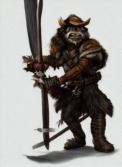 Image similar to bugbear ranger holding a fire sword, exquisite details, black beard, white background, by studio muti