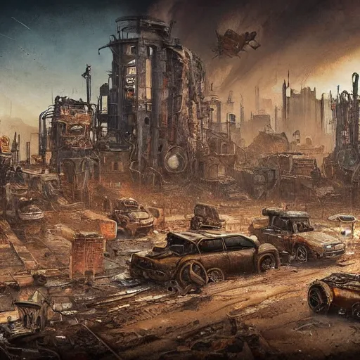 Prompt: highly detailed painting of postapo steampunk rusty city in the middle of wasteland in Mad Max style by Daniel Dociu and Greg Rutkowski trending on Artstation, 4K, high quality