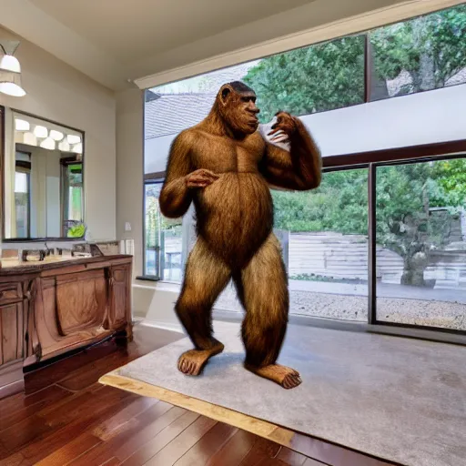 Image similar to a real estate home interior photo. there is a giant ape trying poorly to blend into the background.