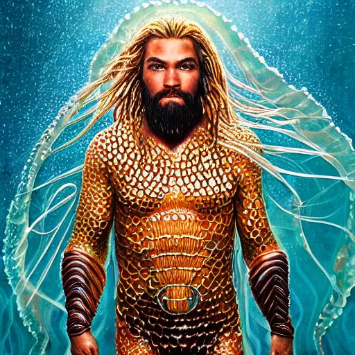 Image similar to intricate five star portrait of aquaman as a jellyfish man and his wife as jellyfish woman, oil on canvas, hdr, high detail, photo realistic, hyperrealism, matte finish, high contrast, 3 d depth, centered, masterpiece, vivid colors, enhanced light effect, enhanced eye detail, artstationhd
