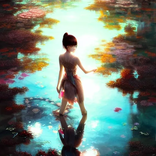 Prompt: beautiful young girl in intricate clothing by ross tran, walking on a crystal clear lake at night, painted by sana takeda, reflections, very high intricate details, painting by liu xiaodong, digital anime art, medium shot, mid - shot, composition by ilya kuvshinov, lighting by greg rutkowski