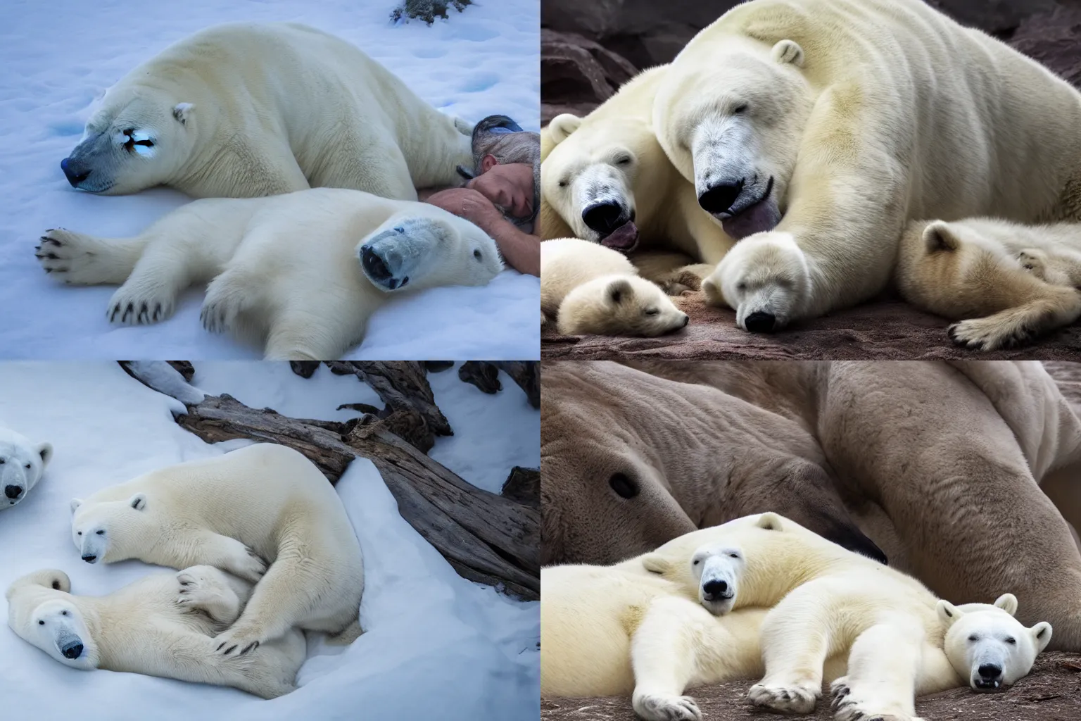 Prompt: man sleeping next to sleeping polar bear 4K wildlife photo