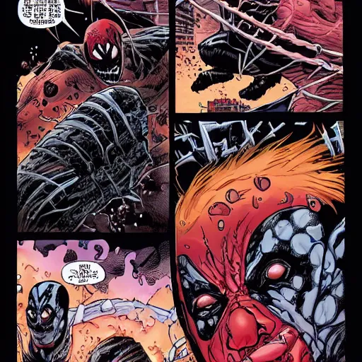 Image similar to carnage symbiote fighting dead pool in new york on a dark and stormy night