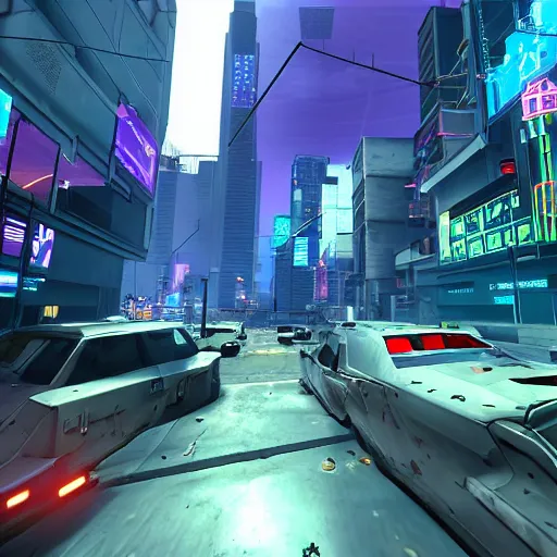 Prompt: Open world GTA-like cyberpunk game, futuristic city, HUD, screenshot, PlayStation 2