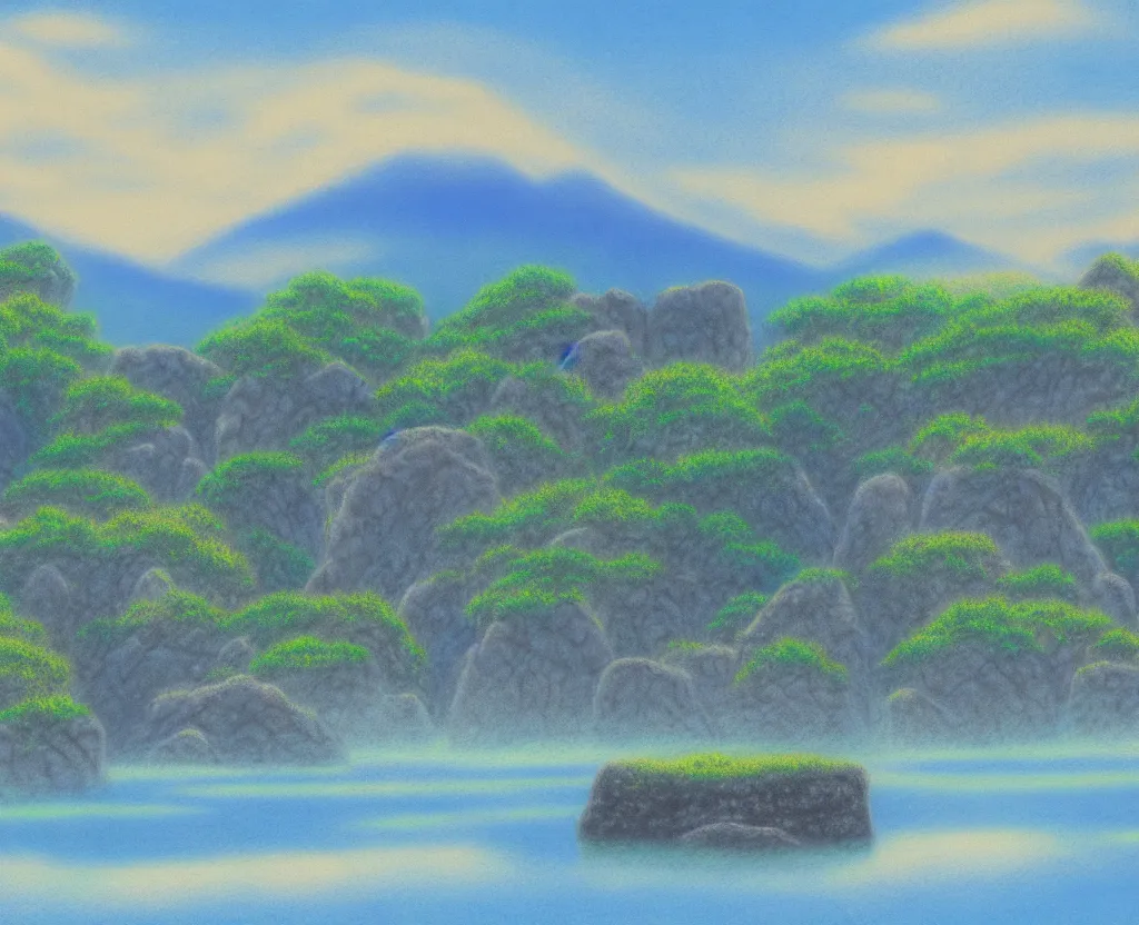 Image similar to a landscape pastel in the style of noriyoshi ohrai of a blue river to some misty mountains in the background. along the river stands stone pillars that reflect in the water. key art. 4 k fantasy