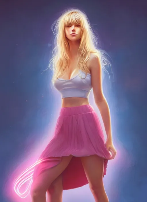 Prompt: full body portrait of teenage bar refaeli, bangs, blue eyes, sultry expression, blond hair, sultry smirk, bangs and wavy hair, pink skirt, intricate, elegant, glowing lights, highly detailed, digital painting, artstation, concept art, smooth, sharp focus, illustration, art by wlop, mars ravelo and greg rutkowski