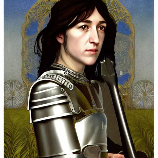 Image similar to portrait of charlotte gainsbourg as joan of arc in armor, hyperreal digital painting, iconography influenced by alphonse mucha and eugene delacroix, arstation and deviantart trends, high resolution 8 k