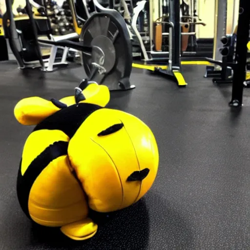 Prompt: Bumble Bee getting jacked at the gym.