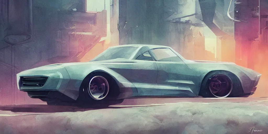 Image similar to vintage muscle car design, futuristic, kyza, ash thorp, simon stalenhag, hard surface, cyberpunk , sci-fi, wide body, sport car, exotic, in watercolor gouache detailed paintings