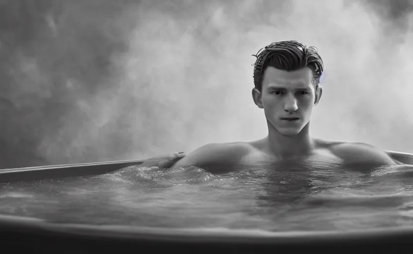 Image similar to photographic portrait by Annie Leibovitz of Tom Holland in a hot tub, foggy, sepia, moody, dream-like, sigma 85mm f/1.4, 15mm, 35mm, 4k, high resolution, 4k, 8k, hd, full color