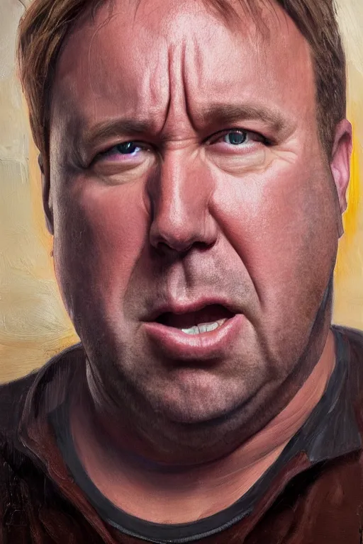 Prompt: oil portrait of angry alex jones, epic, cinematic, highly detailed