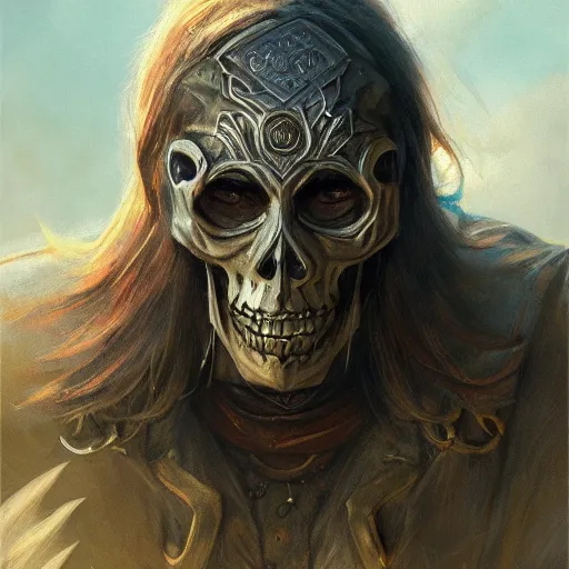 Image similar to realistic d & d fantasy character wearing a skull mask, closeup portrait art by donato giancola and greg rutkowski, vintage retro, realistic face, digital art, trending on artstation, symmetry!!