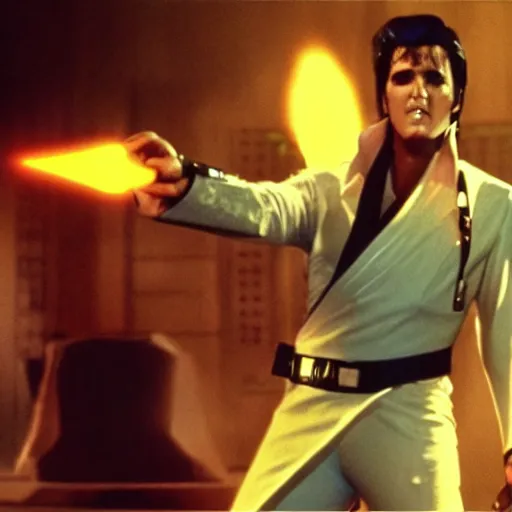 Prompt: elvis presley as a jedi in star wars, 1979 movie screen shot, epic lighting