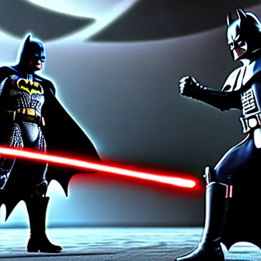 Image similar to ultra detailed picture of a fight where batman is against darth vador, unreal engine, extremely detailed, epic, dark, highly realistic, spiritual masterpiece, beautiful, ultra hd