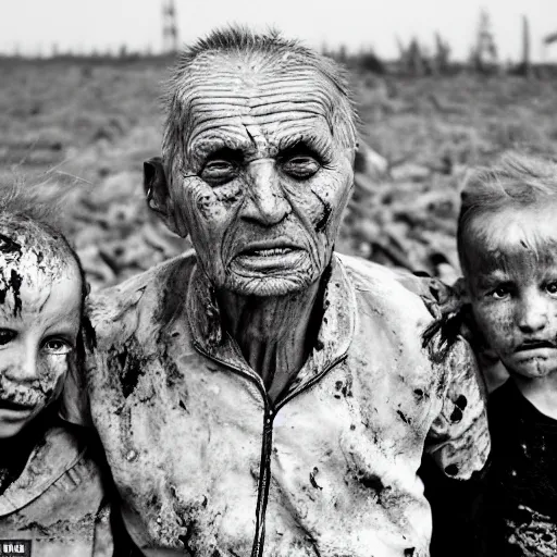 Image similar to selfie of the last surviving ukrainian with children, wild pain and damage to the body burns alive to the bone, painted in dirty yellow - blue colors, a huge nuclear explosion is approaching in the background