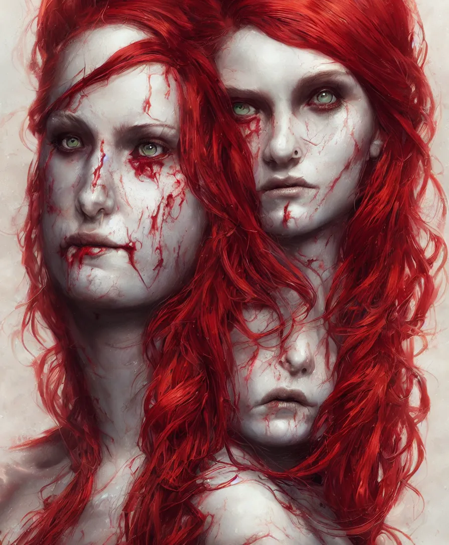 Image similar to close-up portrait of zombie mermaid young woman with red hair, fantasy, intricate, digital painting, trending artstation, concept art, illustration, art by Greg Rutkowski