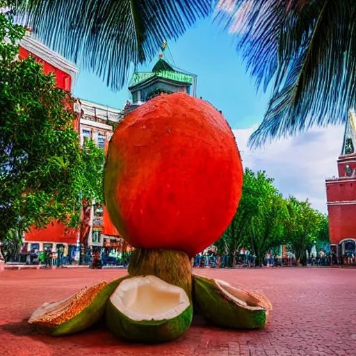 Image similar to symmetrical photo of giant coconut sculpture on red square, super wide shot, bokeh