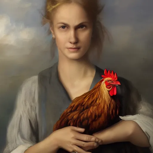 Prompt: A realistic image of a very sad woman holding a rooster in her hands, ultra high detail, 8k.