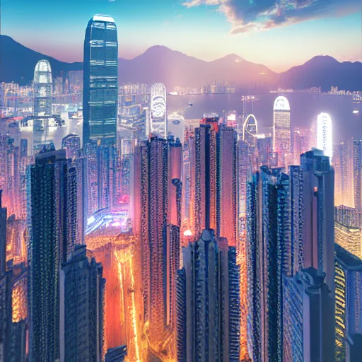 Prompt: ultra photorealistic film still of hong kong skyline. sparkling lights, wide shot, frog perspective, ultra sharp, wes anderson, studio ghibli, pixar and disney animation, octane render, anime key art by greg rutkowski, bloom, dramatic lighting,