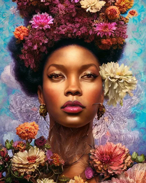 Image similar to portrait of the afro - american queen of the underworld, surrounded by flowers by karol bak, james jean, tom bagshaw, rococo, sharp focus, trending on artstation, cinematic lighting, hyper realism, octane render, 8 k, hyper detailed.