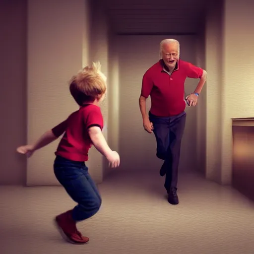 Image similar to joe biden chasing a child in the backrooms level 0, hyper - realistic, 4 k, octane - render, realistic.