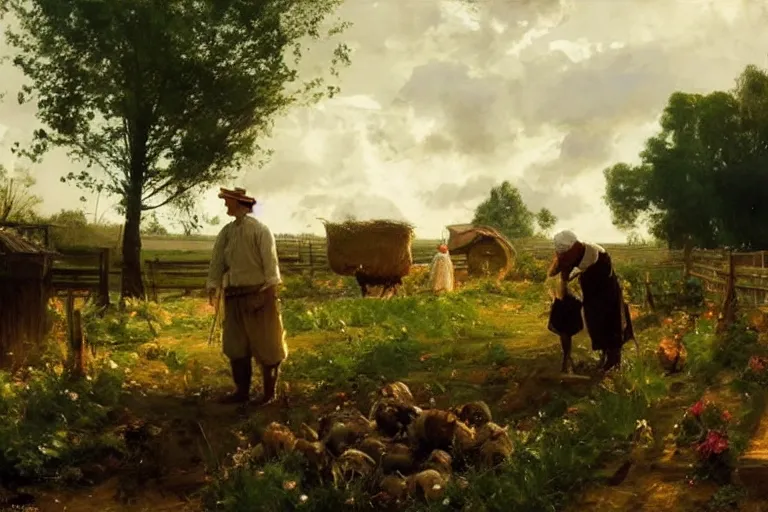 Image similar to simple amish farmers tending to their cottage vegetable gardens, art by anders zorn, wonderful masterpiece by greg rutkowski, beautiful cinematic light, american romanticism thomas lawrence, greg rutkowski