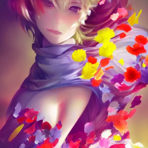 Prompt: spaciously scattered multi colored flower petals flowing through the air from left to right on a clean background, anime, artgerm, manga, trending on artstation, wlop, artgerm